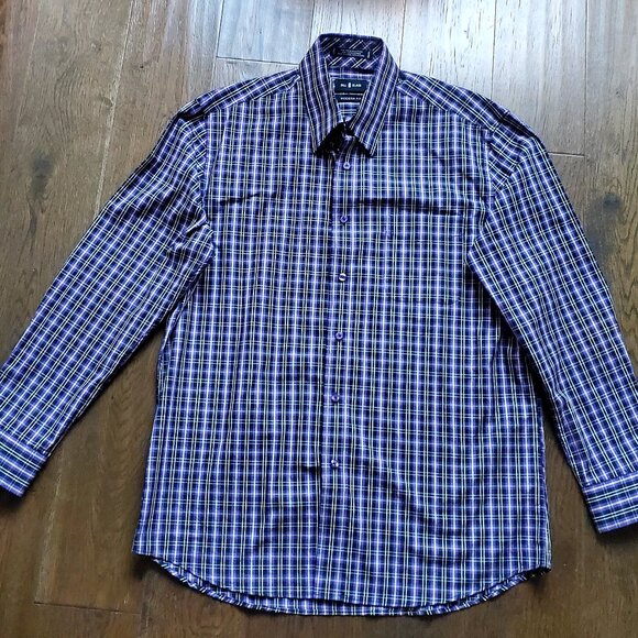 BILL BLASS Men's Plaid Button Down Shirt Black Purple Yellow Modern Fit Cotton - Picture 1 of 6